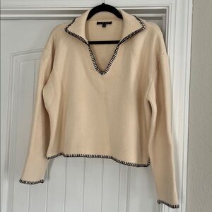 Chic Beige V-Neck Sweater with Black Trim FORE cream oversized sweaters